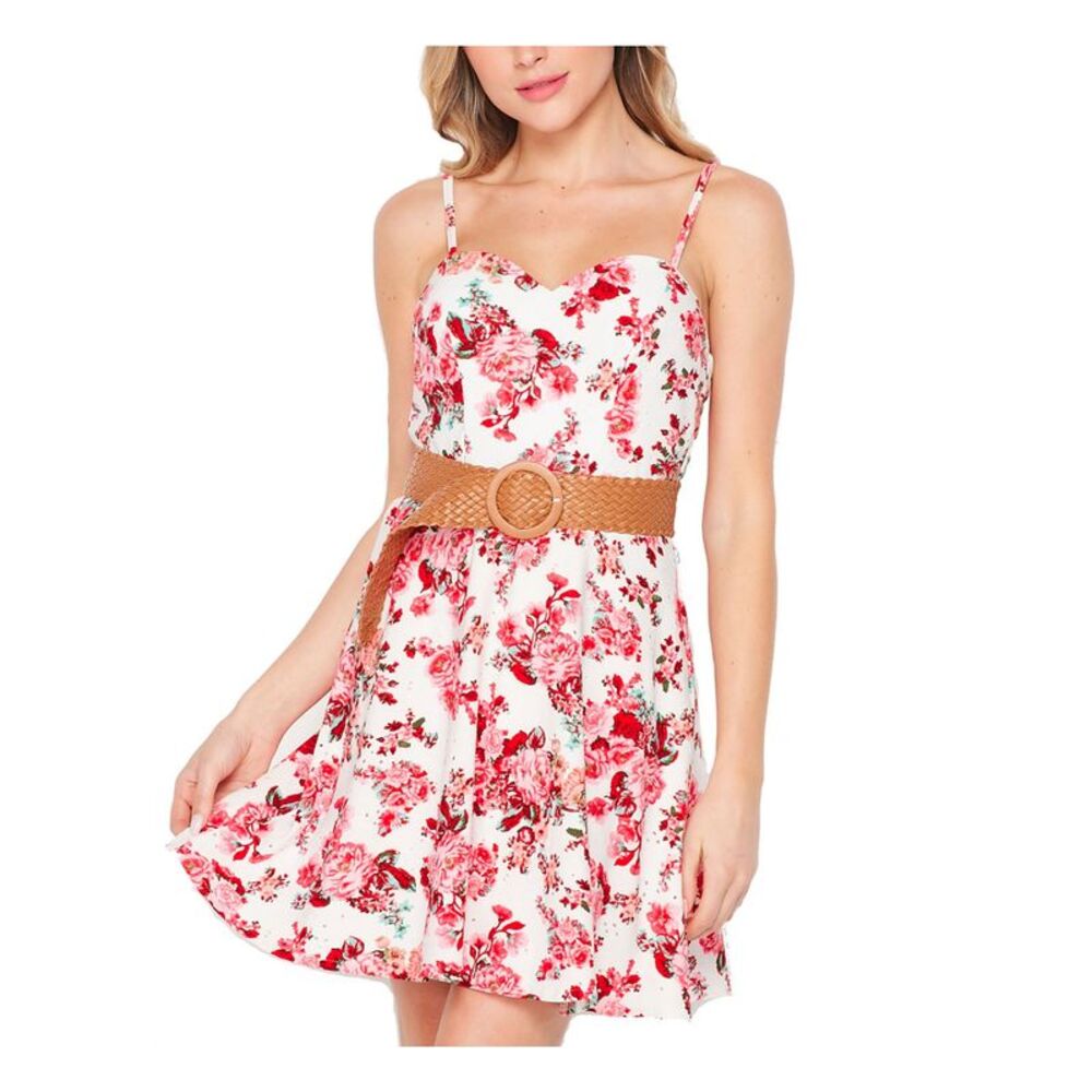 TEEZE ME Womens Mini Dress Ivory Fitted Belted Adjustable Straps Juniors 1